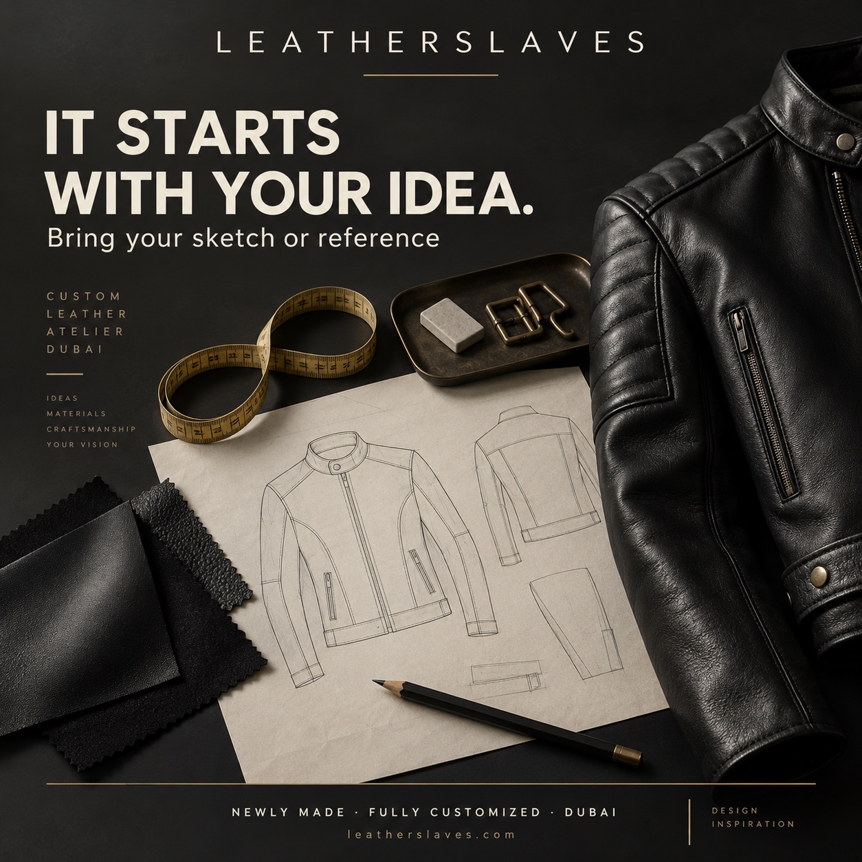 A jacket sketch, leather swatches, measuring tape and black leather jacket illustrating a custom leather commission